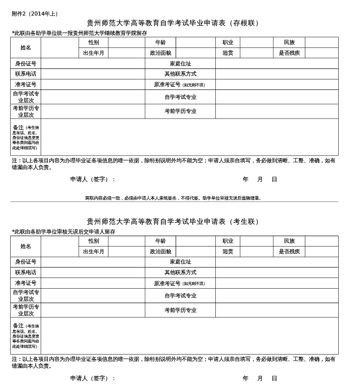 江苏师范大学高等教育自学考试毕业申请表样本(图1)