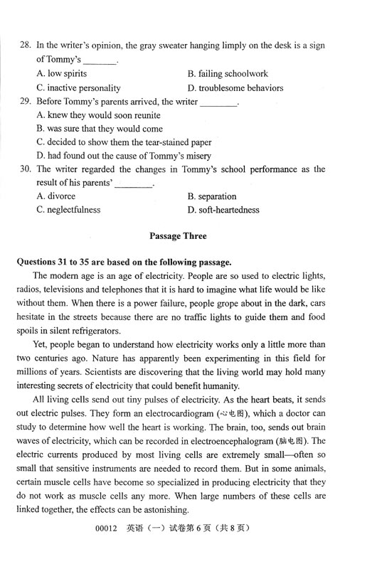 全国2008年10月高等教育自学考试《英语一》试题(图6) 全国2008年10月高等教育自学考试《英语一》试题(图6)
