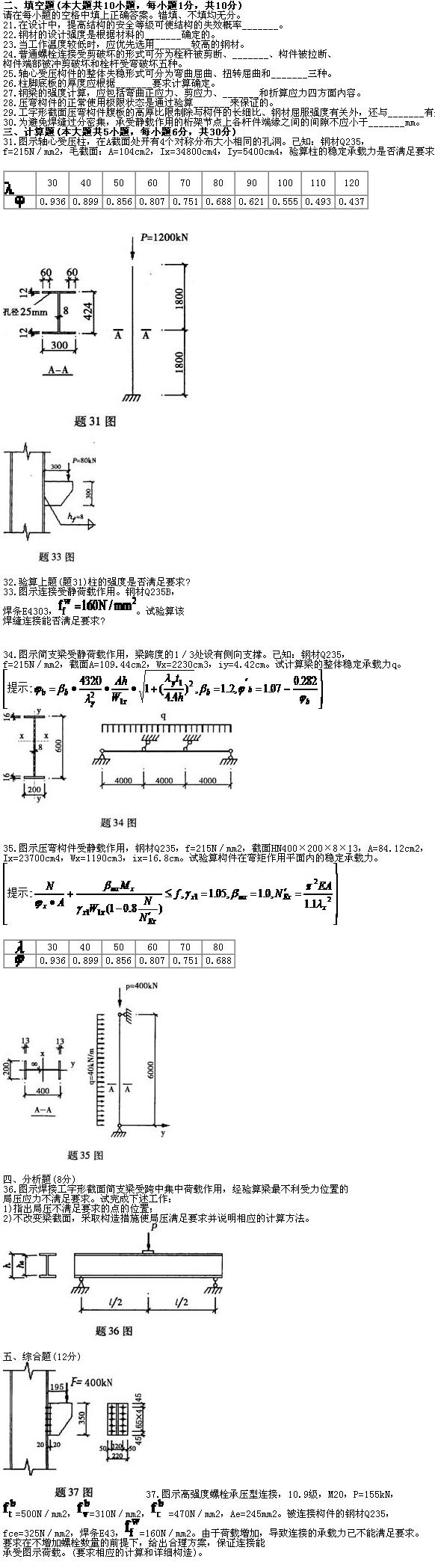 全国2010年7月高等教育自学考试钢结构试题(图2) 全国2010年7月高等教育自学考试钢结构试题(图2)
