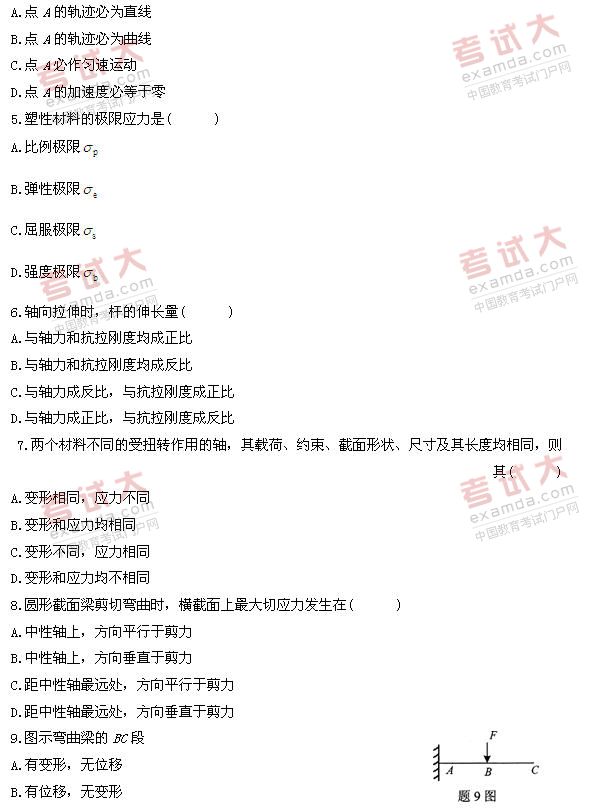 全国2010年10月高等教育自学考试工程力学(一)试题(图2)